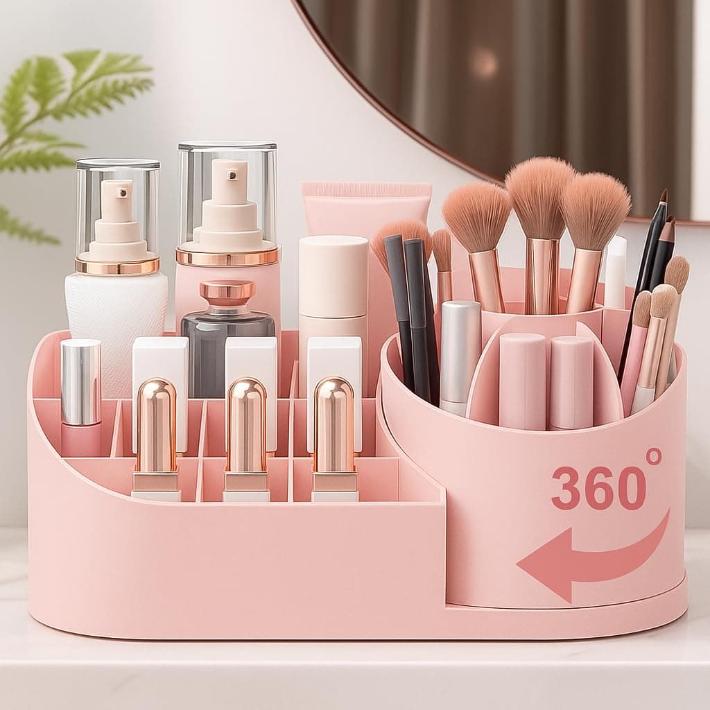 GLUN ® Multiuse Organizer, 1 Piece Makeup Brush, Stationary, & Desk Organizer, ABS Body 360° Round Rotation Pot for Office, School & Home, Pink