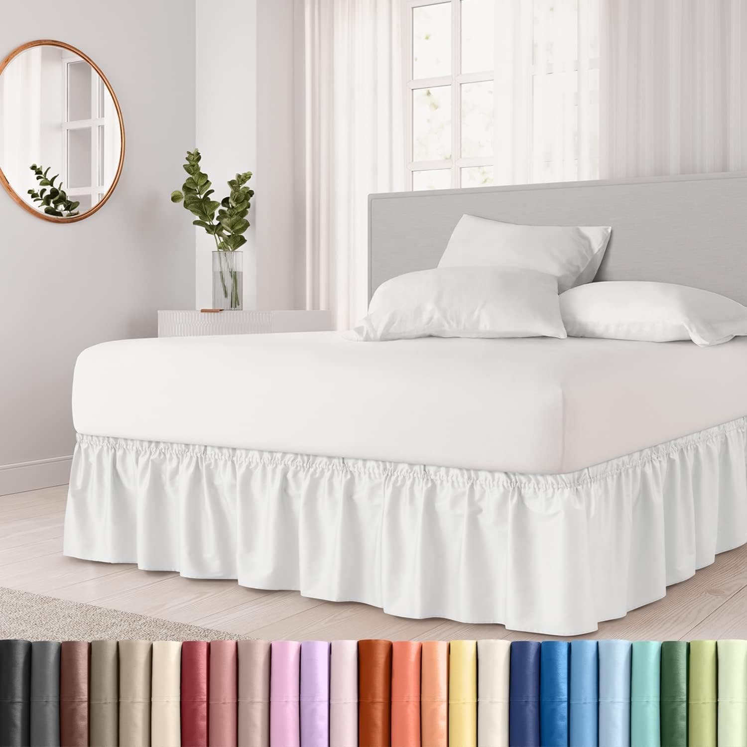Gorayoo Bedding Bed Skirt – Wrap Around Dust Ruffle Bed Frame Cover with Easy Fit Elastic Strap, Queen Size 18 Inch Drop, Microfiber Pleated, Machine Washable | White