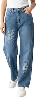 GRECIILOOKS Embroidery Jeans for Women| Women’s Summer Wide Leg Denim Jeans | High Waist Straight Fit Casual Pants for Office, Vacation & Everyday Wear