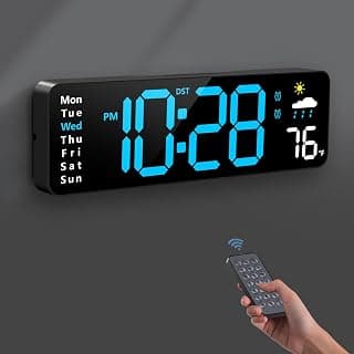 Digital Wall Clock, Digital Clock, Large Display with Remote, Wired LED Alarm Clocks with Date, Week, Temperature, Humidity, Auto DST Countdown, for Living Room