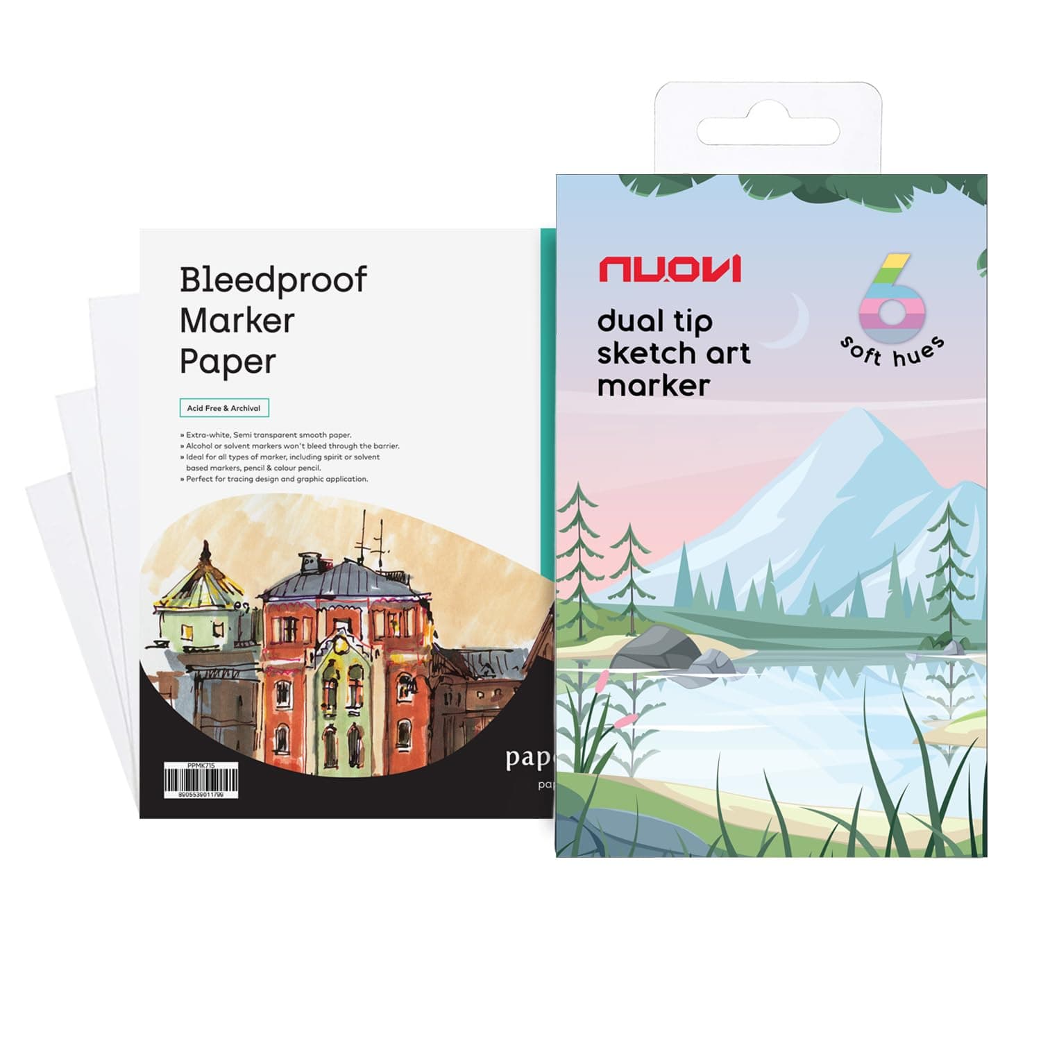 NUOVI Dual-Tip Alcohol-Based Sketch Markers Set – Soft Hue Shades (6 Colors) with PaperPep 6"x6" Sketchbook (24 Sheets, 70 GSM) – Ideal for Artists, Designers & Hobbyists