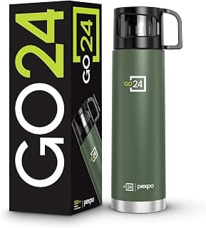 Go24 pexpo Water Bottle 1 LTR, Stainless Steel, ISI Certified, Hot & Cold Flask with Jute Bag | 3 Layer Insulation | 2 Year Warranty | for School, Office, Travel & Picnic | Fererro | Military Green