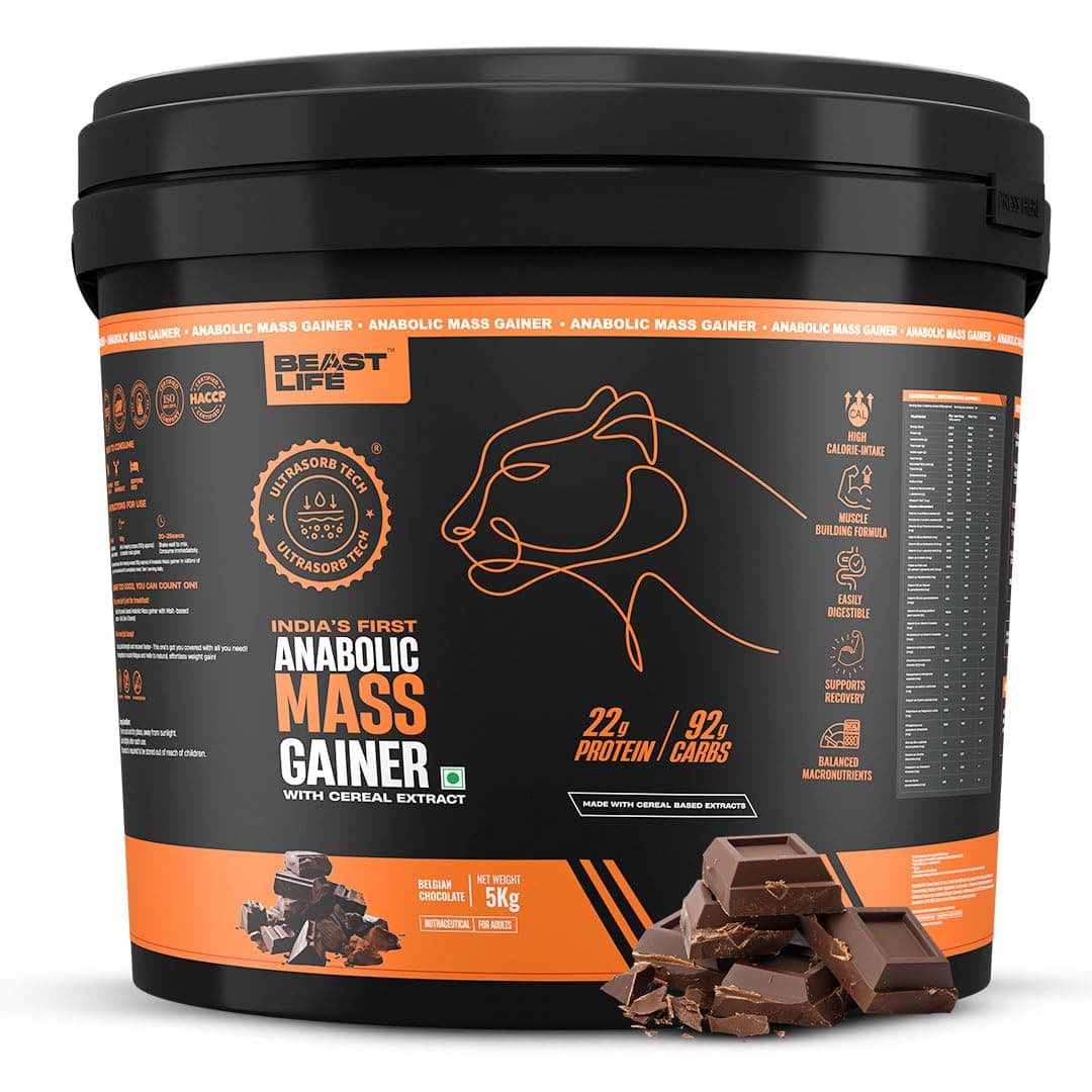 BeastLife High Protein Mass/Weight Gainer | 5 KG | Belgian Chocolate | NABL LAB Tested | For Muscle Gain & Fast Growth | Cereal-Based Formula, No Maltodextrin | India's #1 Cereal Based Bulk Gainer