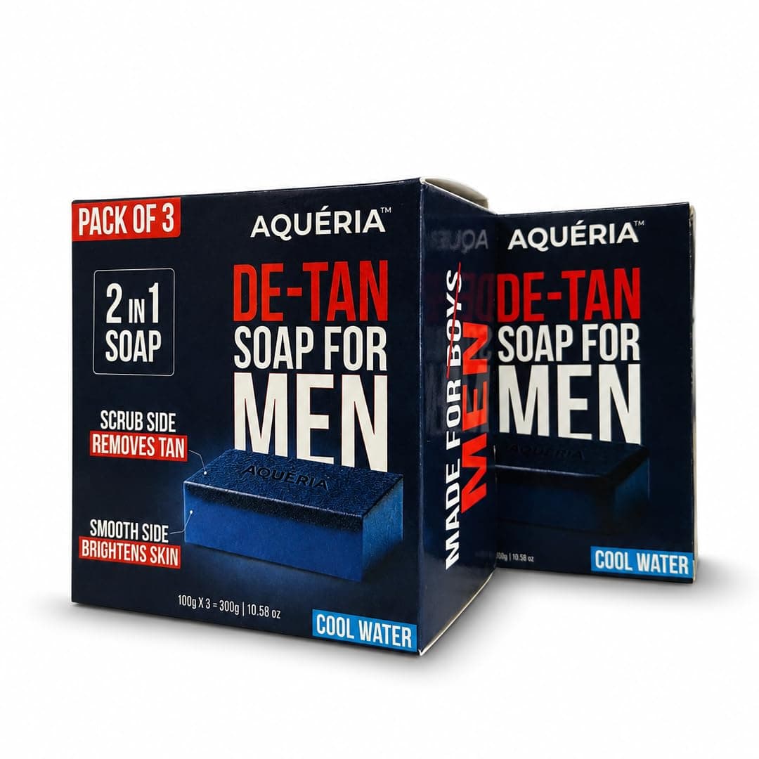 Aqueria De-Tan & Brightening 2-in-1 Bath Soap for Men | Cool Water Fragrance | Scrub Side for Tan Removal & Gentle Exfoliation | Smooth Side for Skin Brightening & Hydration | Deep Cleansing Face & Body Soap For Fresh, Healthy-Looking Skin | 600g (Pack of 6) | Suitable For Daily Use - Lasts Upto 90 Washes.