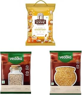 India Gate Basmati Rice Everyday 5 kg || Amazon Brand - Vedaka Whole Jeera (Cumin), 200g || Amazon Brand - Vedaka Popular Unpolished Toor Dal | 1 Kg Pack