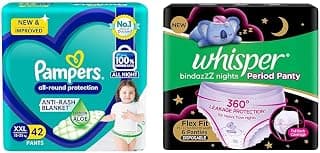 Pampers All round Protection Pants Style Baby Diapers, XX-large (XXL) Size, 42 Count and Whisper Bindazzz Night Period Panty|6 M-L Panties