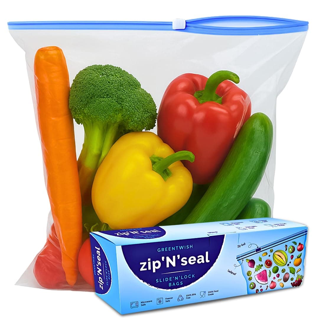 GREENTWISH Zip 'N' Seal (Pack of 30) Slider Zip Lock Bags, Food Vegetable Fruit Fridge Storage Bag, Microwave Safe, BPA Free Polyethylene Transparent Zipper Bag | Size: 12 x 14 Inch (Extra Large)