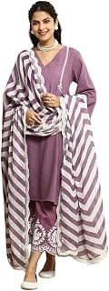 Women's Cotton Embroidered Straight Kurta & Pant With Dupatta Set (Purple)