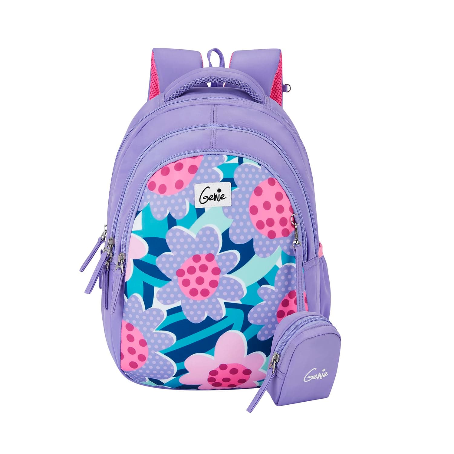 Genie Fluffy Kids Backpacks, 15" Cute, Colourful Bags for Girls, Water Resistant and Lightweight, 3 Compartment with Happy Pouch, 20 Liters, Nylon Twill, Lavender