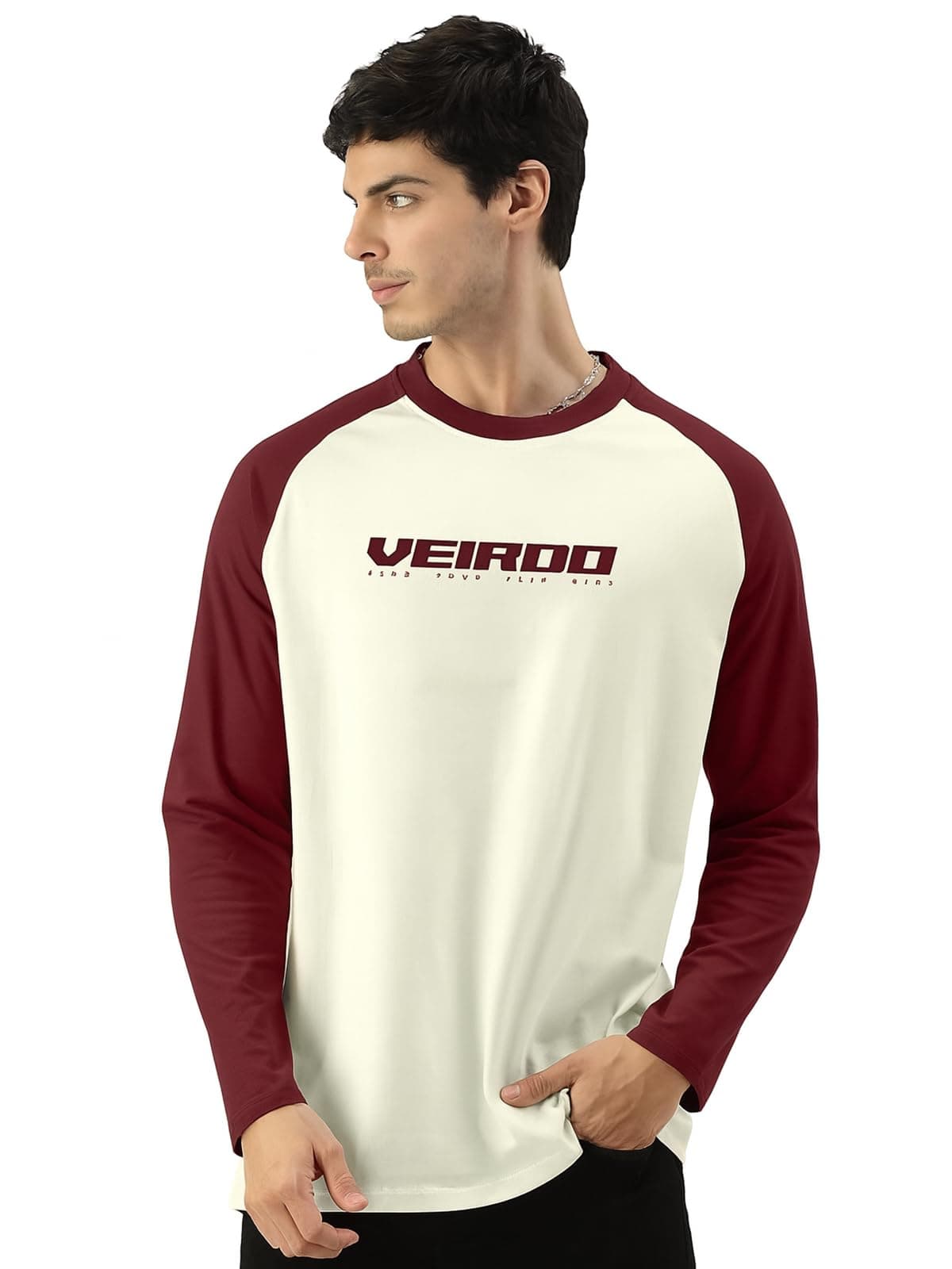 Veirdo® Pure Cotton Regular Fit Round Neck Front Chest Typographic Logo Printed Raglan Full Sleeve T-Shirt for Men (Colors: Green, Brown & Maroon)