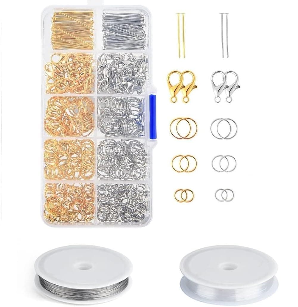 JAUNTY Silver & Golden Plated Metal Findings Kit, 3 Sizes Jumpring, Head Pins, Lobsater Clasps, Elastic Thread and Metal Tiger Tail Wire for Jewellery Making and Crafts Work