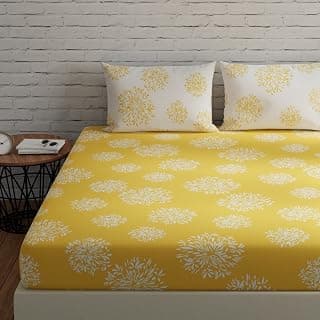 HUESLAND by Ahmedabad Cotton 144 TC Double Bedsheet Cotton with 2 Pillow Covers - Yellow & White