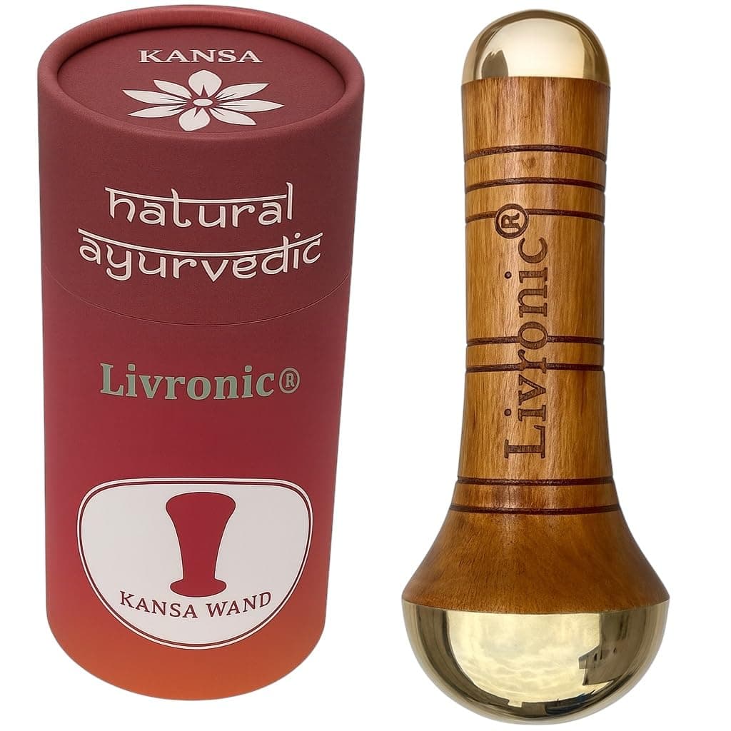 Livronic® Kansa Wand face Detox Bronze Kansa Wand Body and Foot Massager With Wooden Handle For Detoxification And Deep Relaxation (Both Side Kansa Cap Small & Mini) (SET OF 1) (NATURAL)
