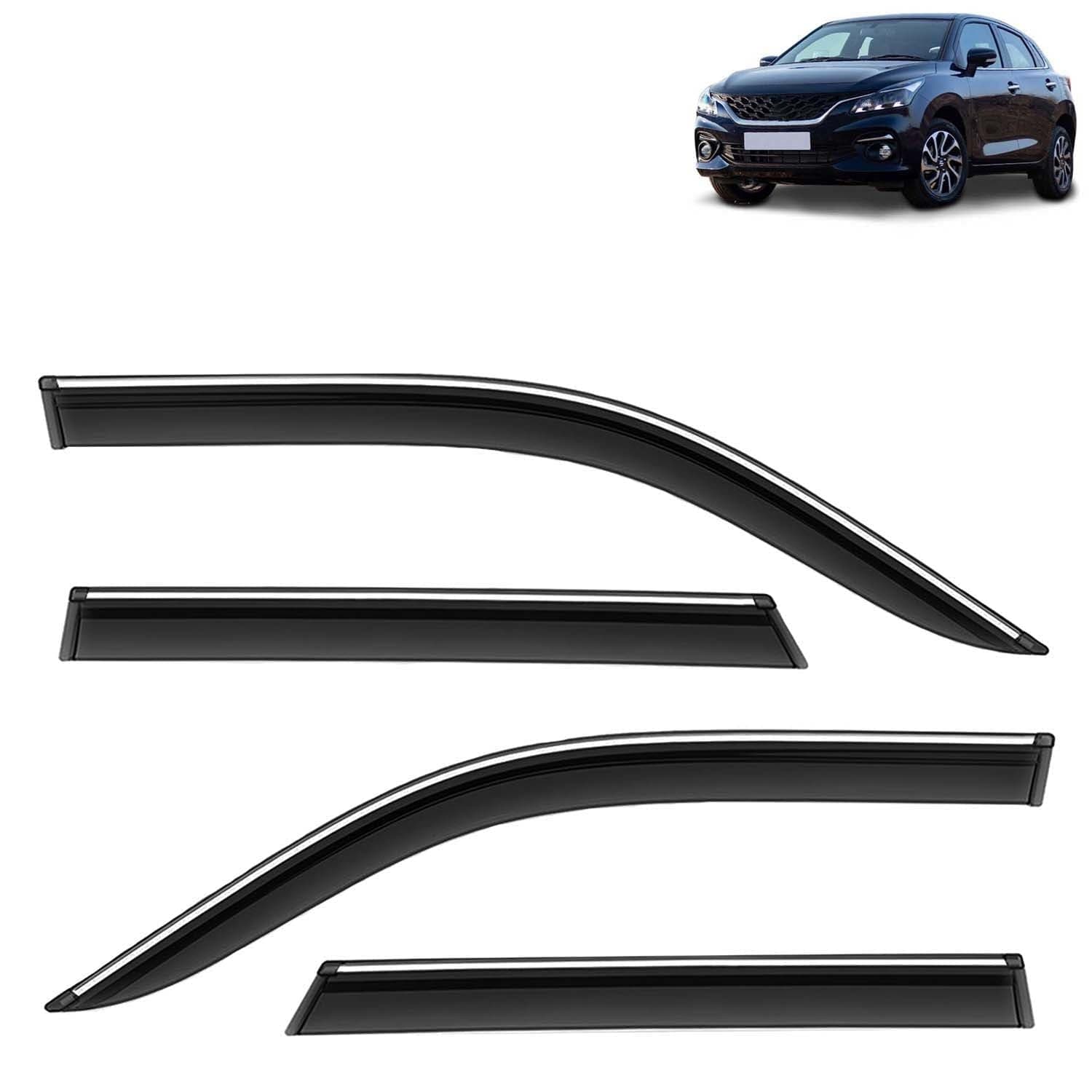 KINGSWAY Accessories Chrome Lining Door Visor Only Compatible with Maruti Suzuki Baleno (Year 2022 Onwards), Premium Chromeline Unbreakable Car Rain Guard Side Rear Wind Deflectors, Pack of 4