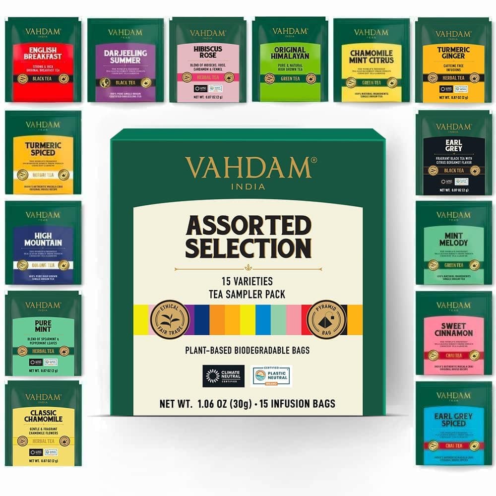 VAHDAM Assorted Tea Sampler | 15 Varieties, 50+ Cups | Whole Leaf Pyramid Bags | Black, Darjeeling, Green, Oolong, Chai & Herbal | Perfect for Lovers & Enthusiasts | For Women & Men