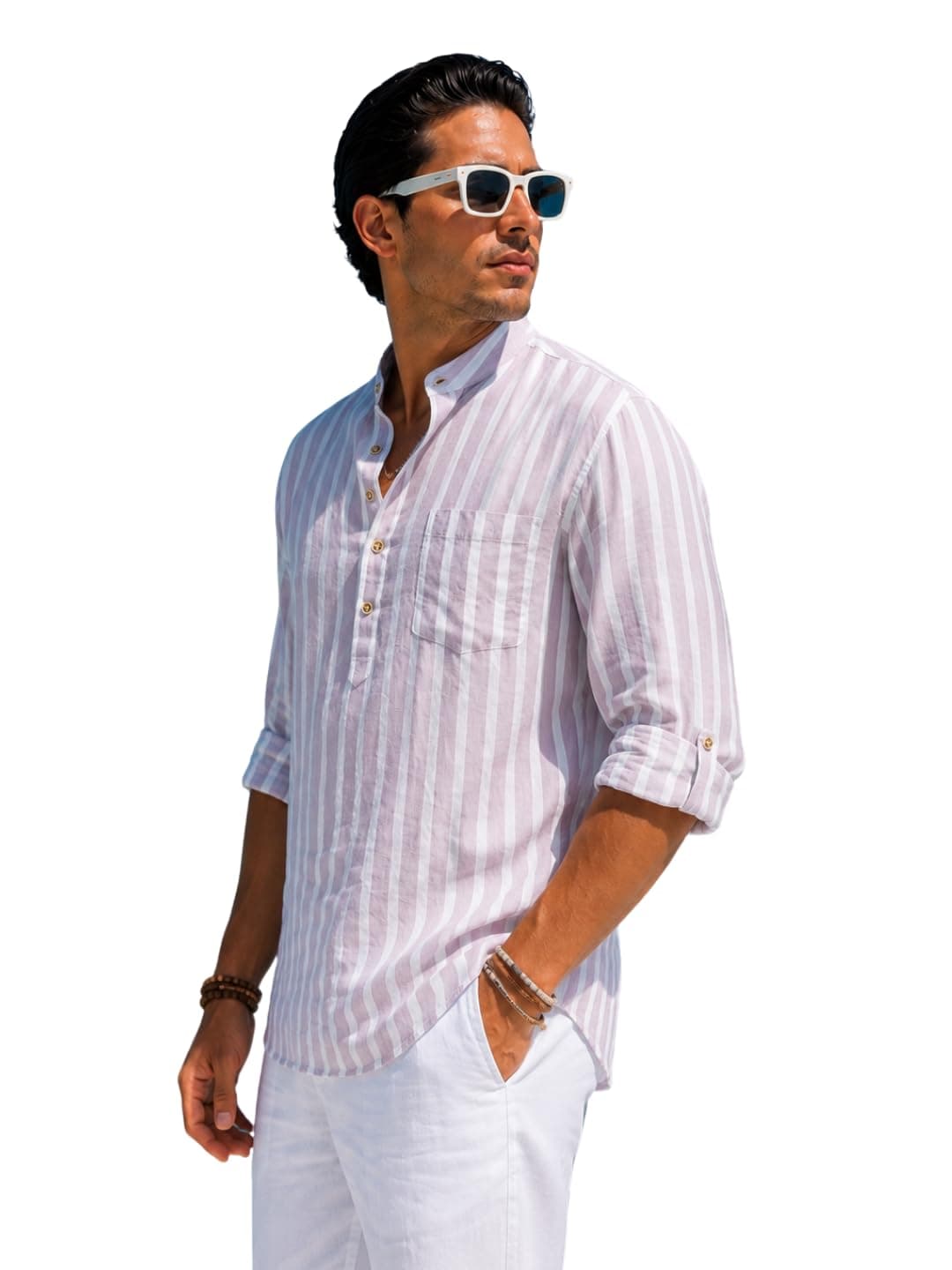 Majestic Man Men's Pure Cotton Striped Mandarin Collar Slim Fit Roll-Up Sleeves Short Kurta