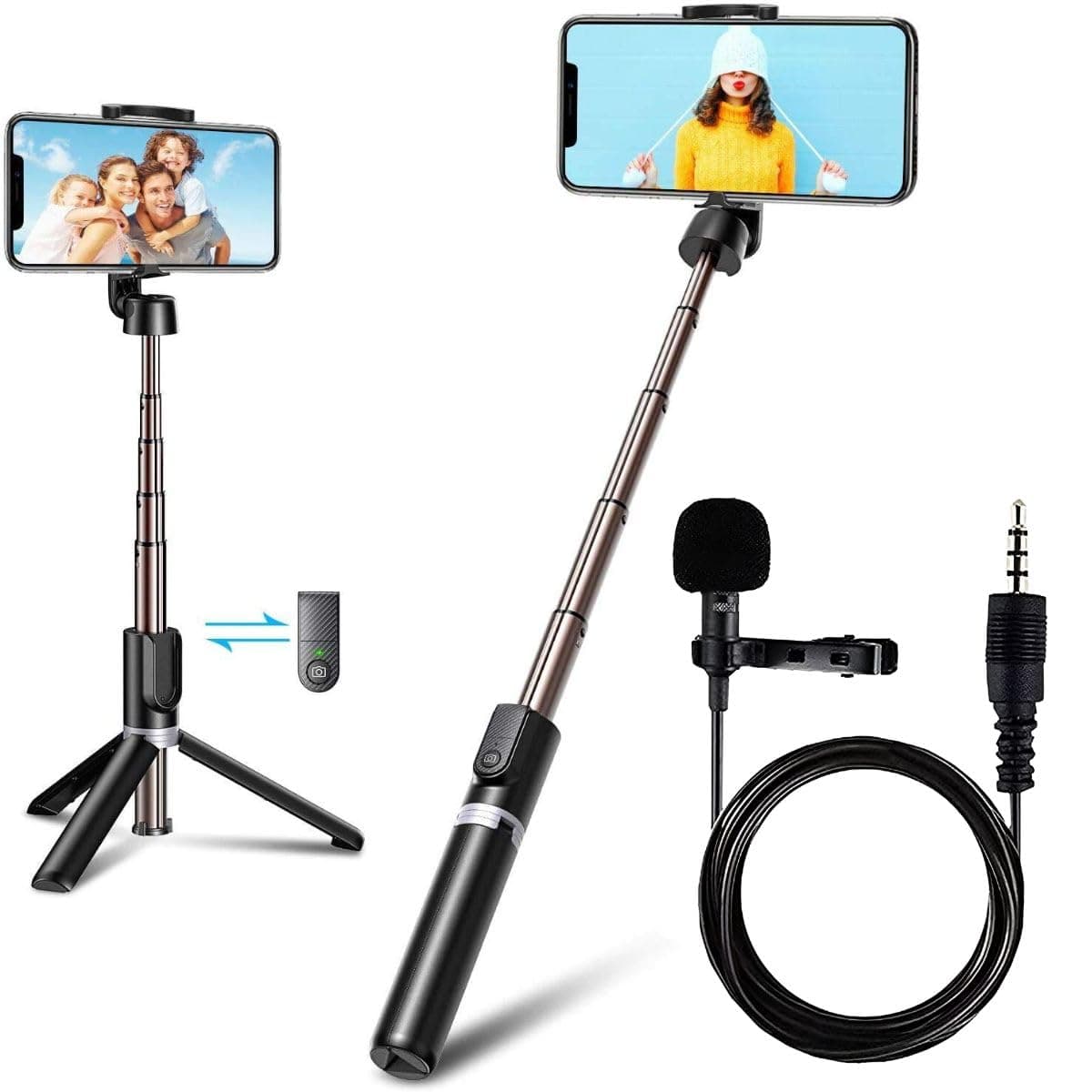 GADGETSWEAR Selfie Stick, Extendable Selfie Stick with Wireless Remote and Tripod Stand,(Combo with Collar Mic) Portable, Lightweight, Compatible with All Smartphone and Mobile (Black)