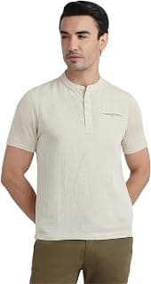 Parx Men Regular Fit Solid Pattern Cotton Linen Blend Half Sleeve Henley Neck Casual T-Shirt