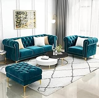 Modern Classic 5 Seater Sofa Set Couch Fabric & Valvet Tufted 3+1+1Foootrest Chesterfield Sofa Living Room and Office (Teal Green) | Premium Material