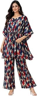 Generic Women Blue Printed Kaftan Co-ord Set | Geometric Print Tunic Top with Palazzo Pants | Stylish Lounge Wear | Casual & Travel Co-Ord Set for Women