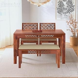 THE WOODEN CITY Solid Sheesham Wood Dining Table 4 Seater Dining Table Set with 2 Chairs & 1 Bench Dinner Table Set for Dinning Room Home & Hotel|Modern Dining Room Set (Honey, 4 Seater)Self Assembly