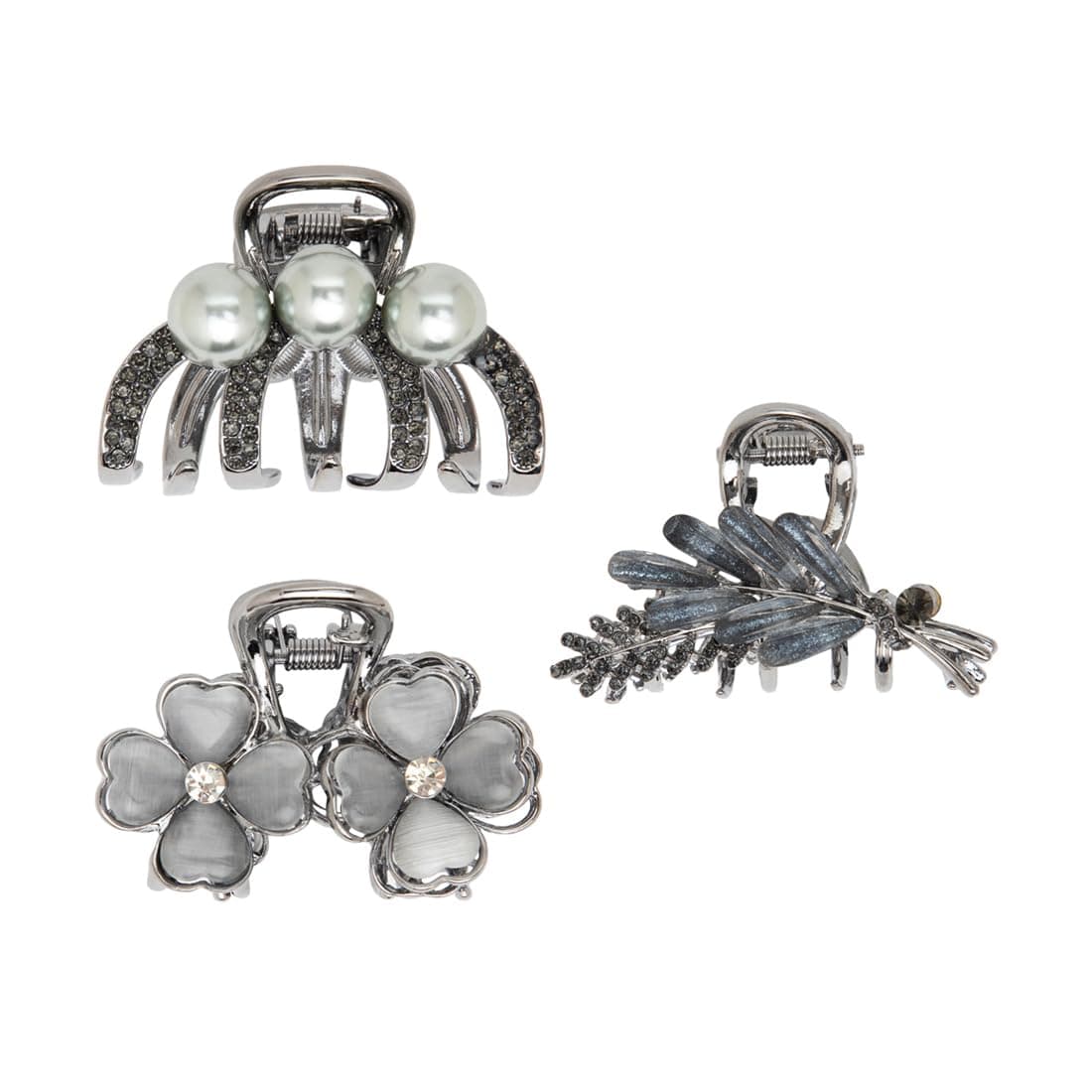 Radhu & Kabby Hair Clips for Women | Stylish Mini Claw Clips | Elegant Floral, Pearl & Leaf Design Clutchers | Durable & Strong Grip | Metallic Grey Hair Accessories | Set of 3