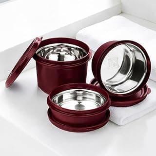 PRESCO Stainless Steel Teso Container Set | Microwave Safe and Dishwasher Safe Food Storage Bowls with Airtight Lids | Leak-Resistant Lunch Bowls (Set of 3) (Mehroon)