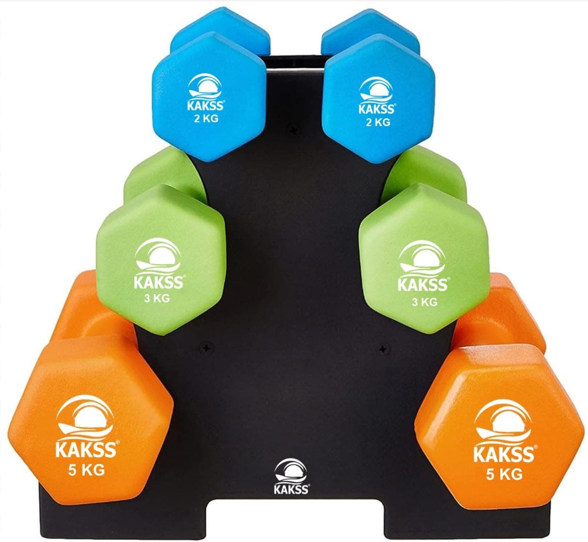 KAKSS Neoprene Dumbbell With Stand (Multicolor) 20 Kg (2kg + 3kg + 5kg Set)