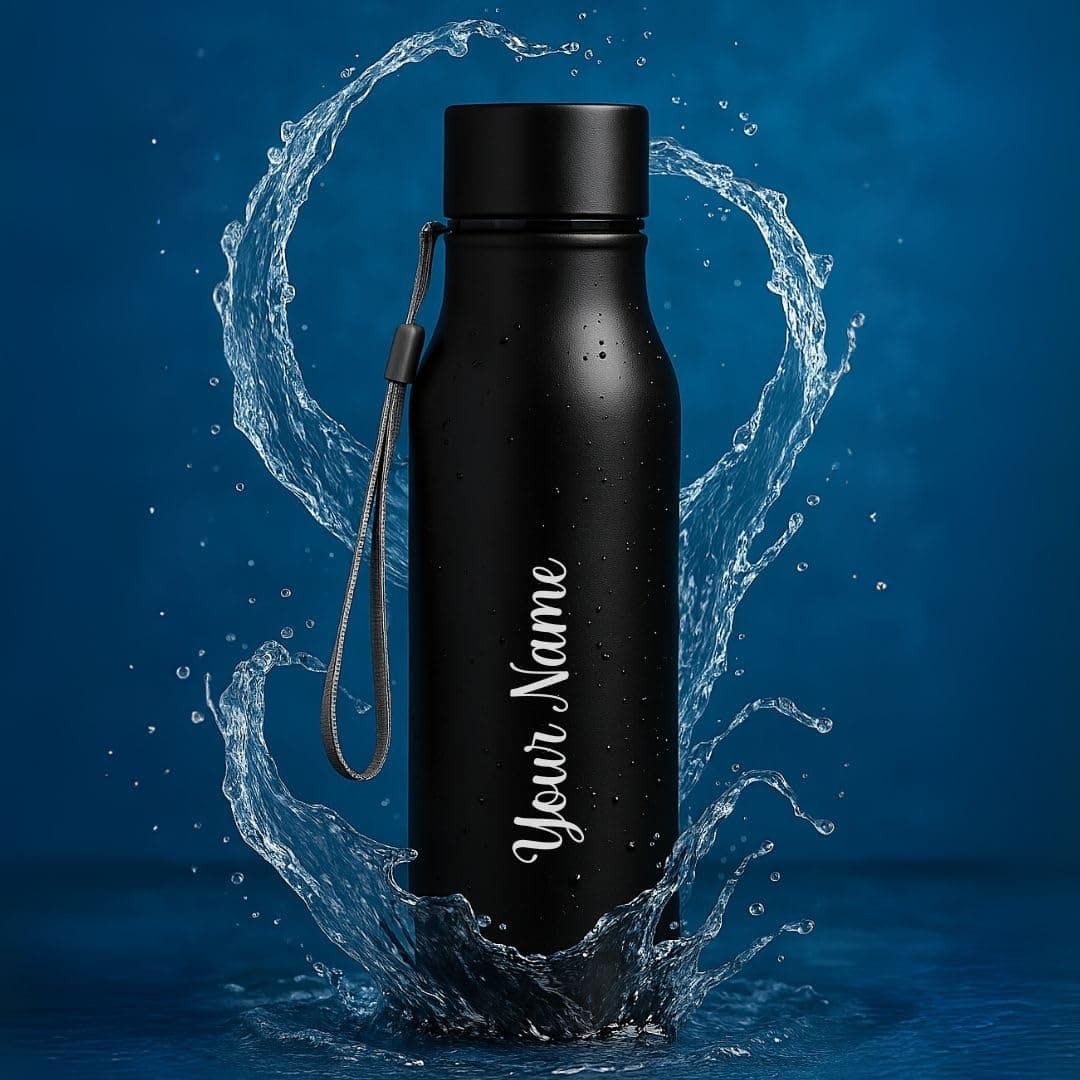 Giftana Personalized Bottle with Name, Single Walled Fridge Steel Water Bottle 750ml, Birthday Gifts for Men and Women, Customized New Year Corporate Gift for Employee -Black