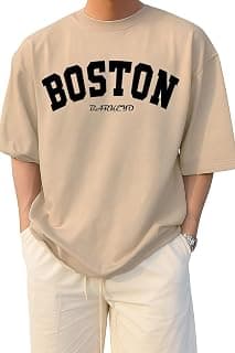BARKEYO Men's Half Sleeve Round Neck French Terry Graphic Print Oversized Tshirt for Man (Boston-ft) (in, Alpha, L, Regular, Beige)