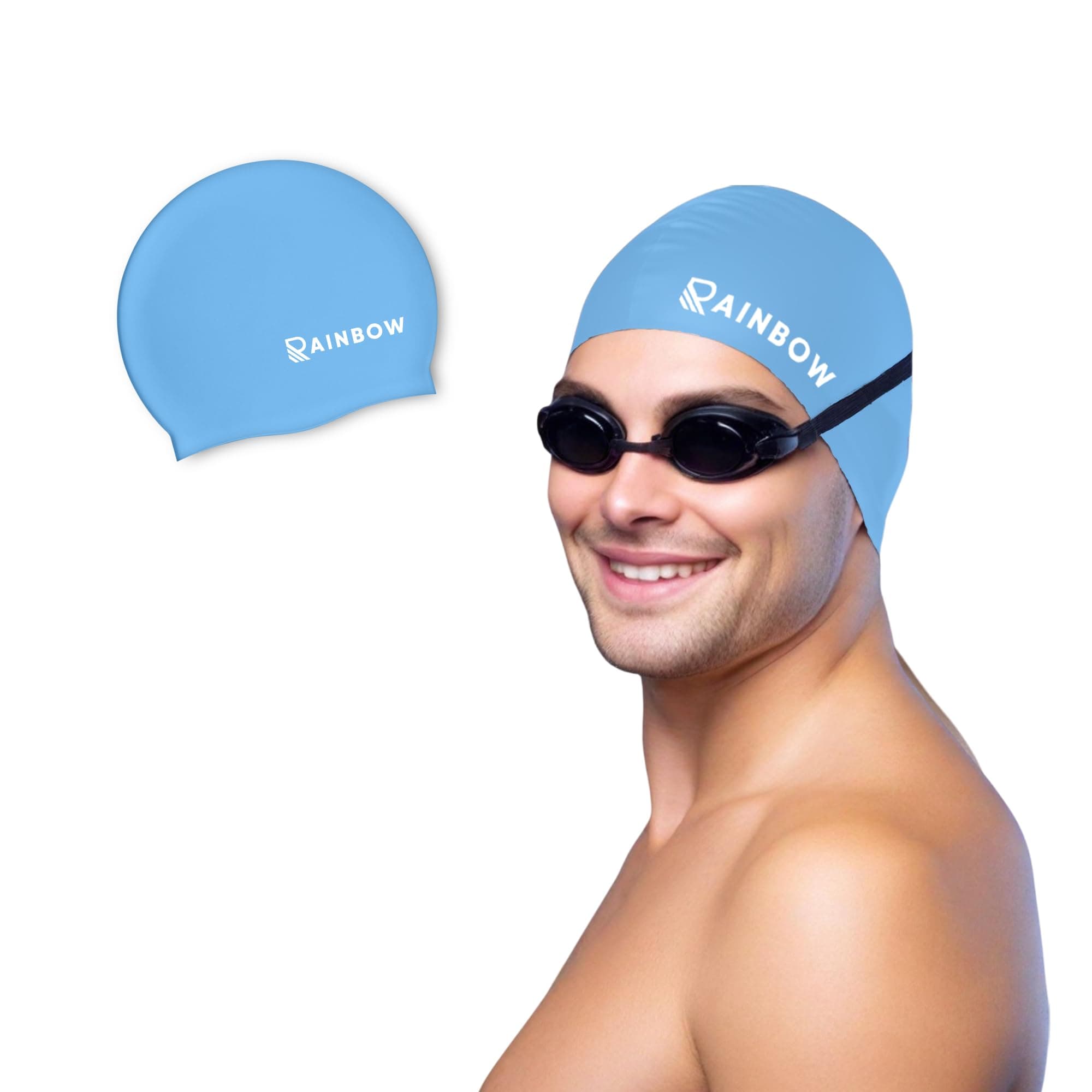 Rainbow Silicone Swimming Cap for Men, Women & Kids | Stretchable Swim Cap for Long & Short Hair | Durable, Waterproof & Comfortable Fit - Blue