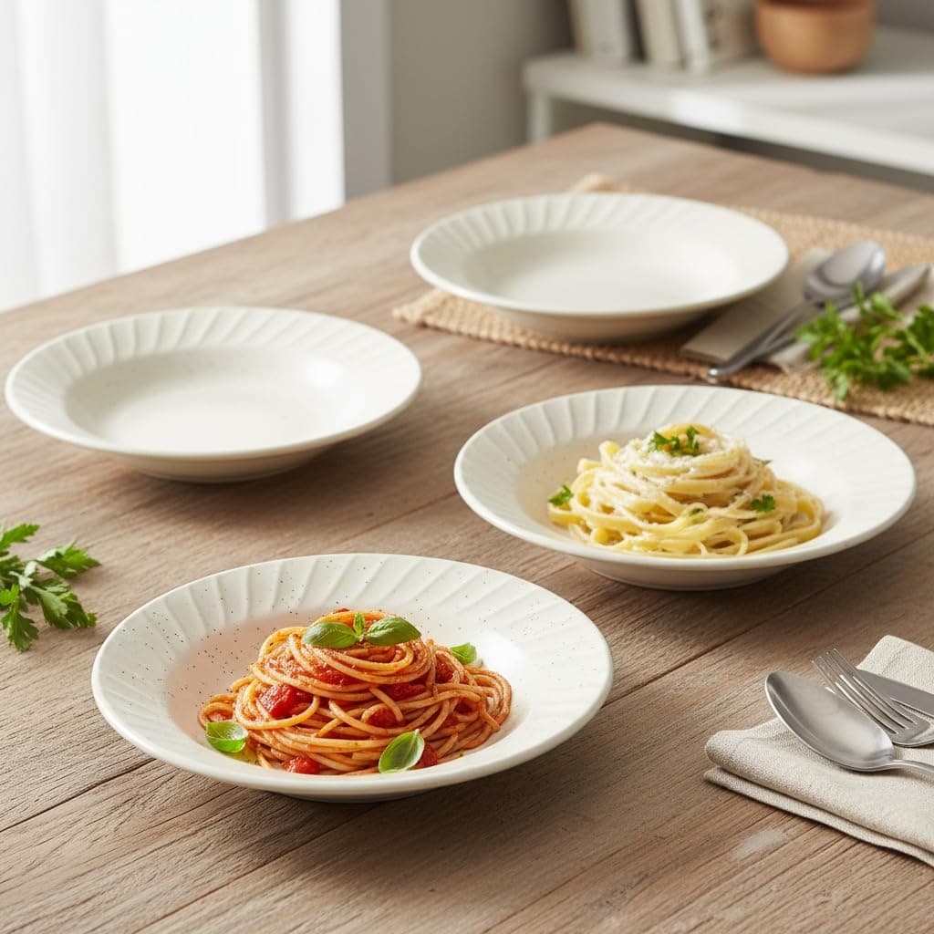 Beyond Homes Ceramic Pasta Plates Shallow, 19 cm, Set of 4, Solid White | Matte Finish Ceramic Pasta Bowl | Flat Stoneware Pasta and Maggie Bowl | Chip-Resistant | Microwave Safe; (4, White Matte)
