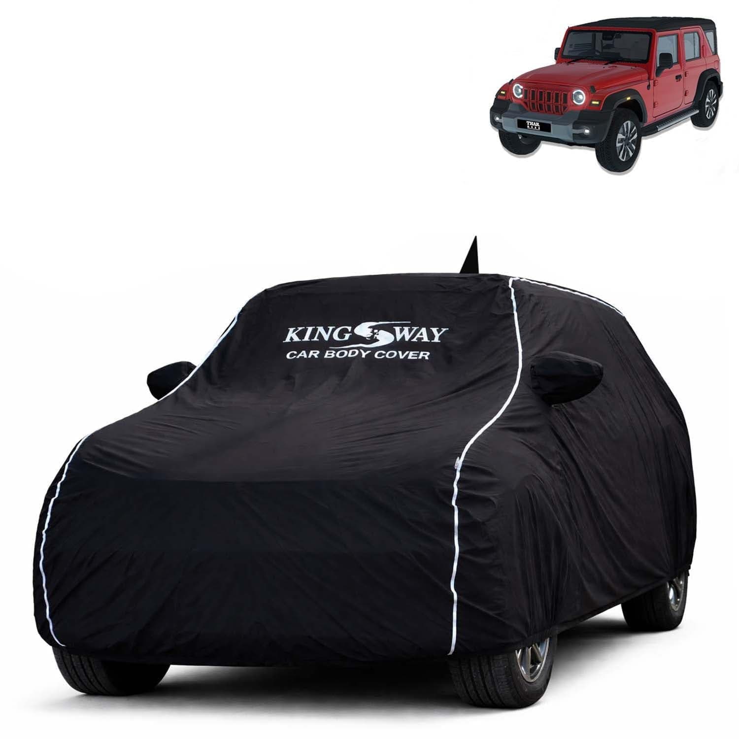 KINGSWAY Super Waterproof Car Cover Only with Mahindra Thar Roxx (Year 2024 Onwards - All Model) | Mirror and Antenna Pockets | All Weather Car Body Cover with Silver Piping | Black