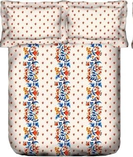 Portico Dazzle Floral Print Bedsheet Set, White with Orange and Blue Pattern, Cotton, Double Size