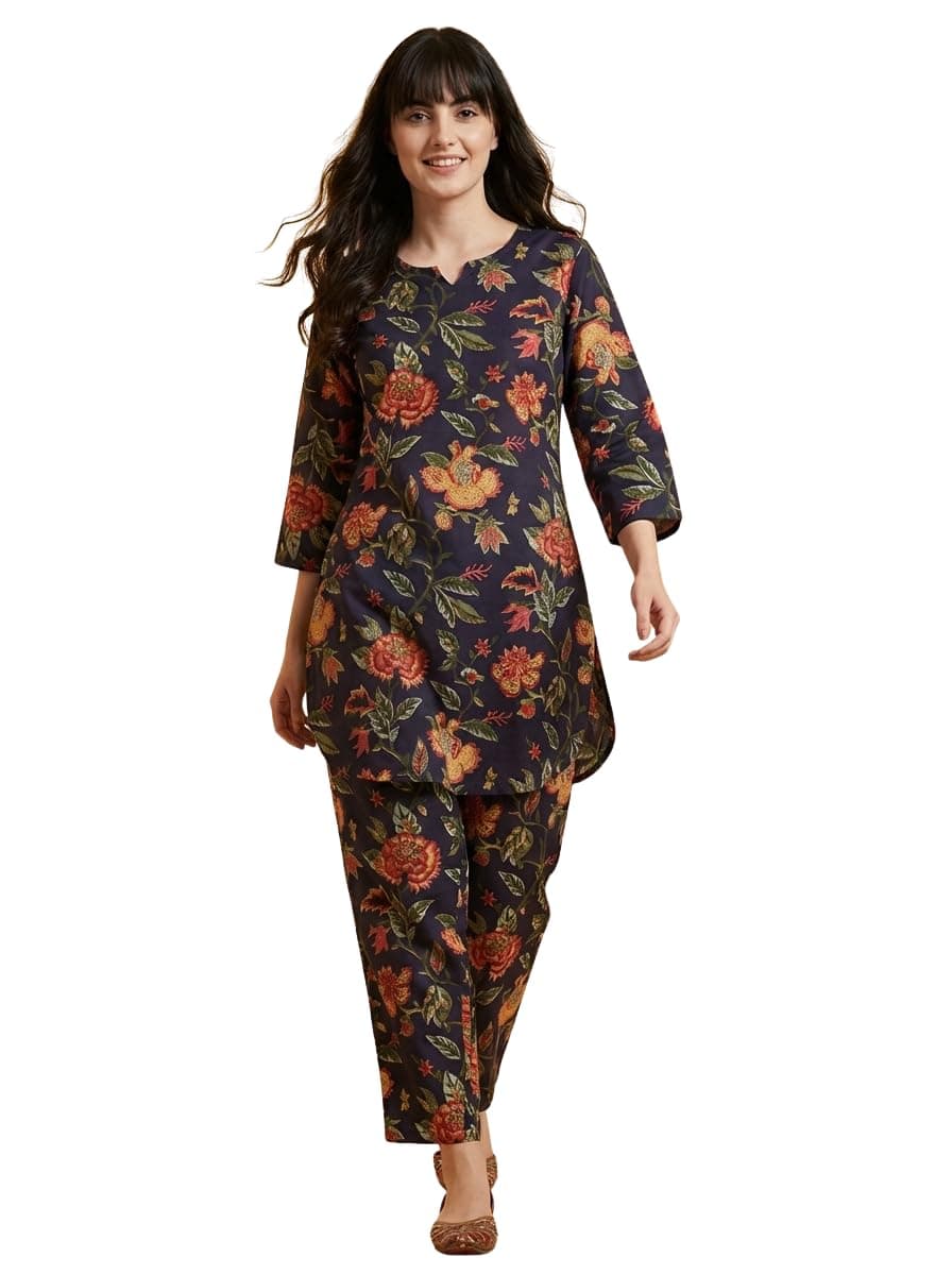 Bee M Pee Designer Trendy Floral Printed Cotton Latest Kurta Coord Sets for Women | Stylish Casual Tunic Kurti Set with Pant for Woman for Office