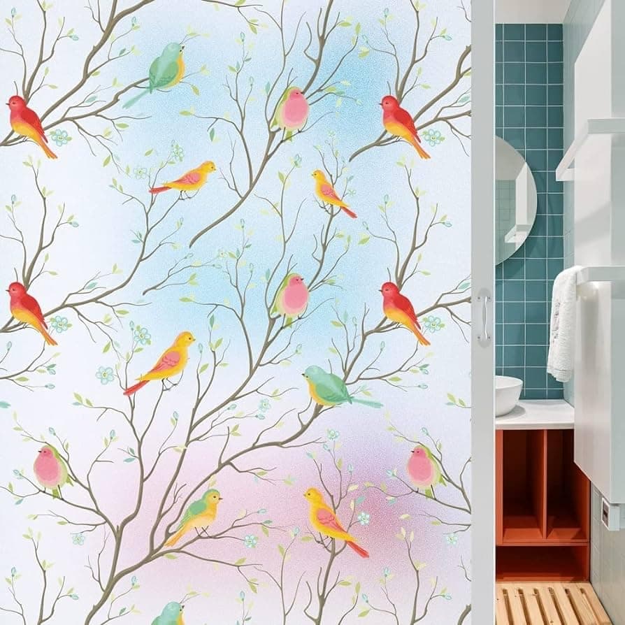 SIA VENDORS Window Privacy Film Stained Glass Decorative Film for Home Frosted Bathroom Door Window Cover Day & Night Privacy Heat Blocking Floral Stickers (12'x40'_Inch, Bird Film)