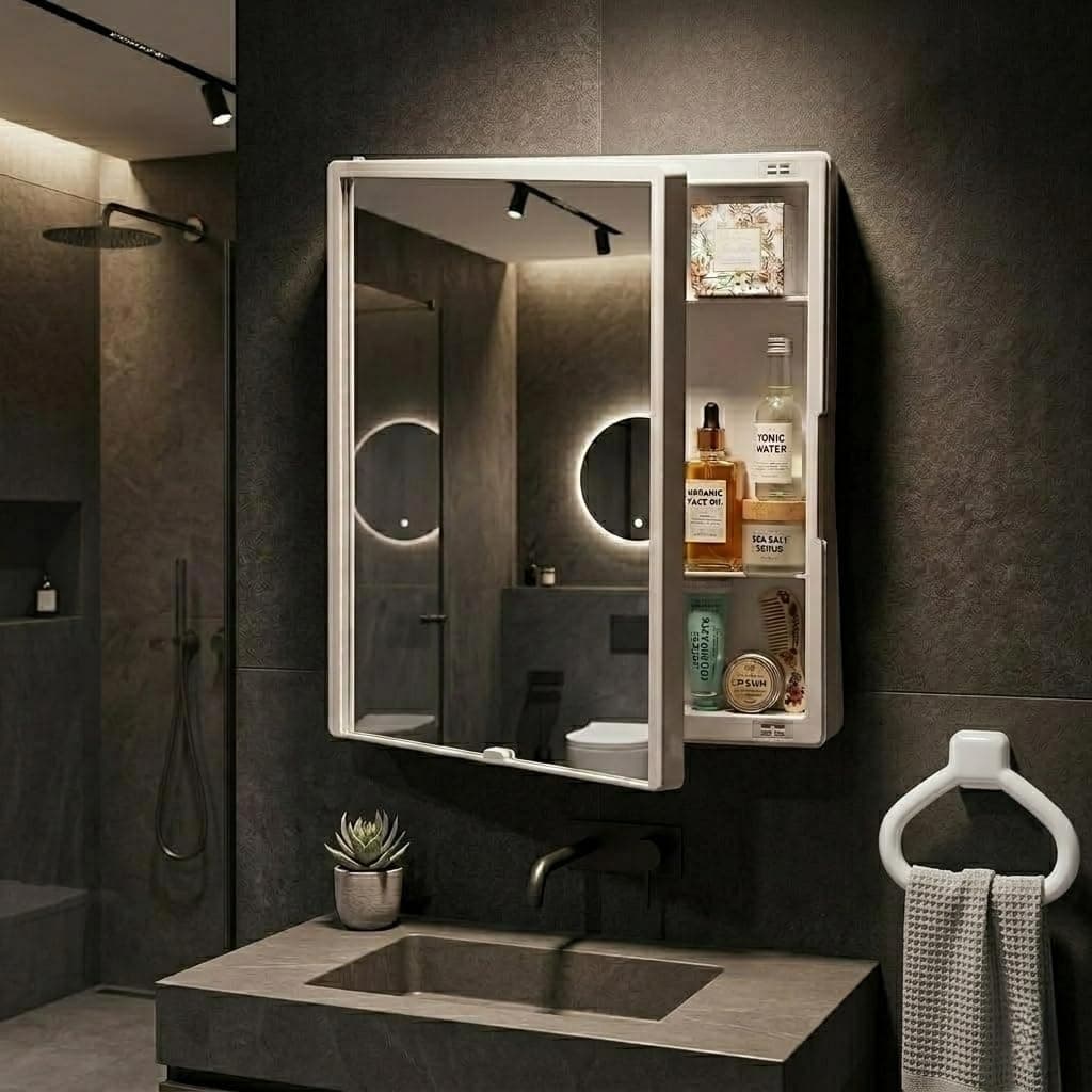 BRANCO New Rich Look Bathroom Organizer Cabinet | Mirror with Shelf | 4 Shelves Storage Organizer | Wall Mounted Cabinet | for Home/Kitchen/Toilet (White) (BRC-931) (White with Towel Ring)