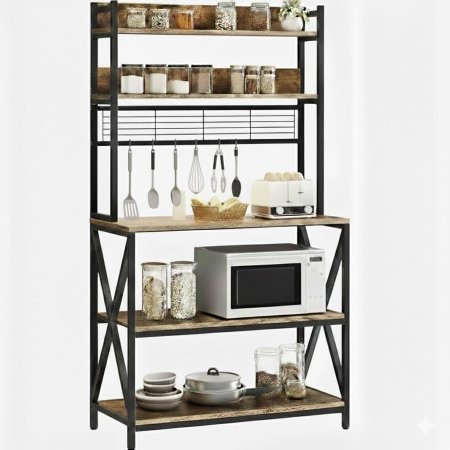 TEKAVO Lita 5-Tier Kitchen Organizer Rack|Multipurpose Microwave Stand for Kitchen Platform & OTG Oven|Steel Utensils Storage Shelf with Hooks| (60x40x170 cm) (Rustic Brown)