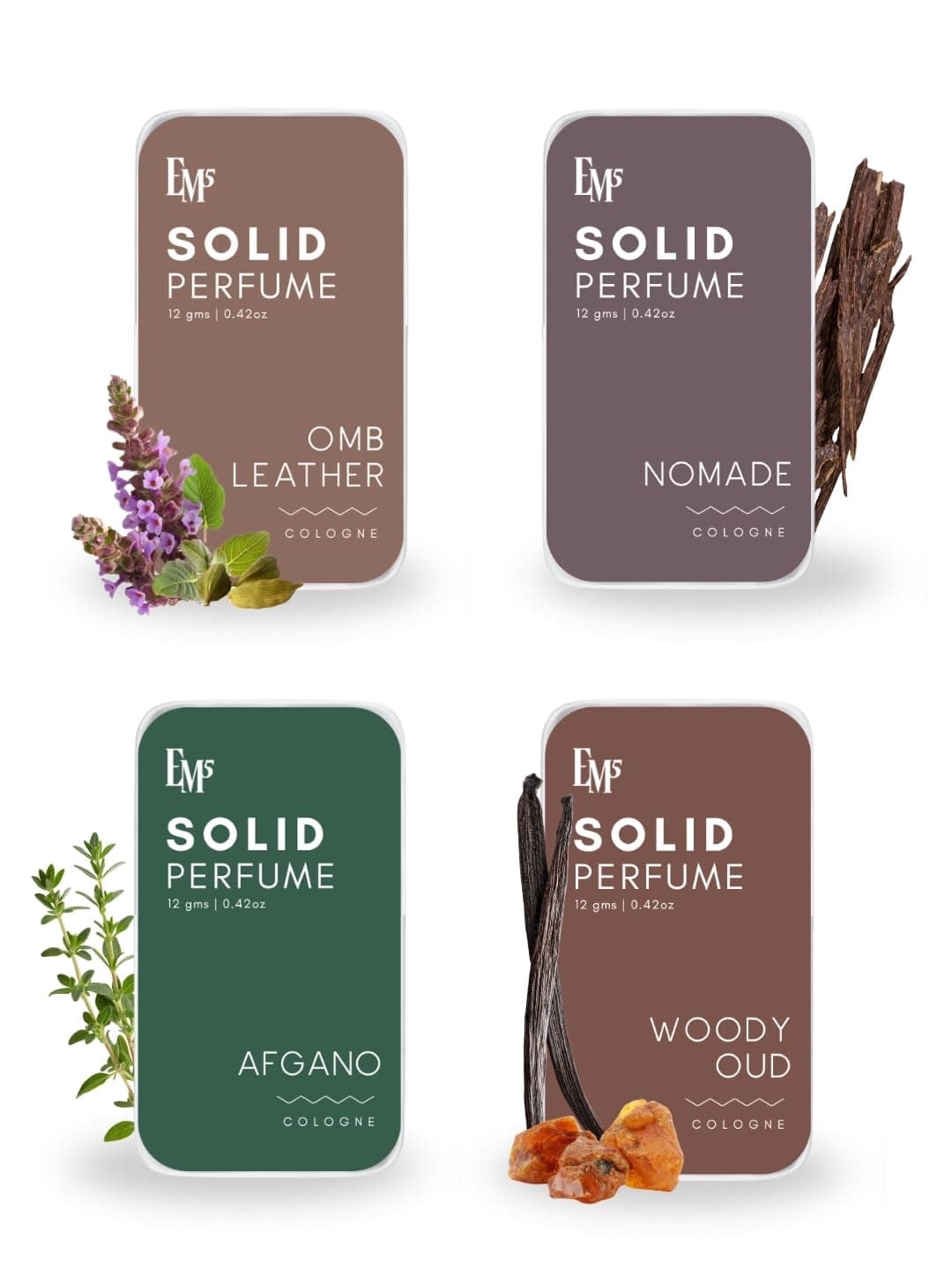 EM5 Masculine Solid Perfume Set of 4 Men | Organic Wax, Skin Friendly, FDA Approved | Woody Oud, Nomade, Omb Leather & Afgano Fragrances | Alcohol Free | Travel & Pocket Friendly Gift Set for Him (12g Each X 4)