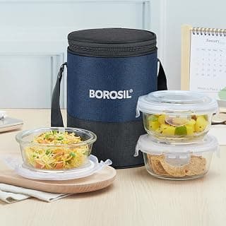 Borosil Elite Lunchbox | 400ml x 3 Round Container Set | Made in India Borosilicate Glass | Microwave & Dishwasher Safe | Tiffin for Office, School, College | Vertical
