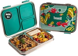 Basil Bento Box – 900 ml 3-Compartment Stainless Steel Lunch Box for Kids | Leak-Proof Tiffin Box for School - Green Dino | Hocus - Docus