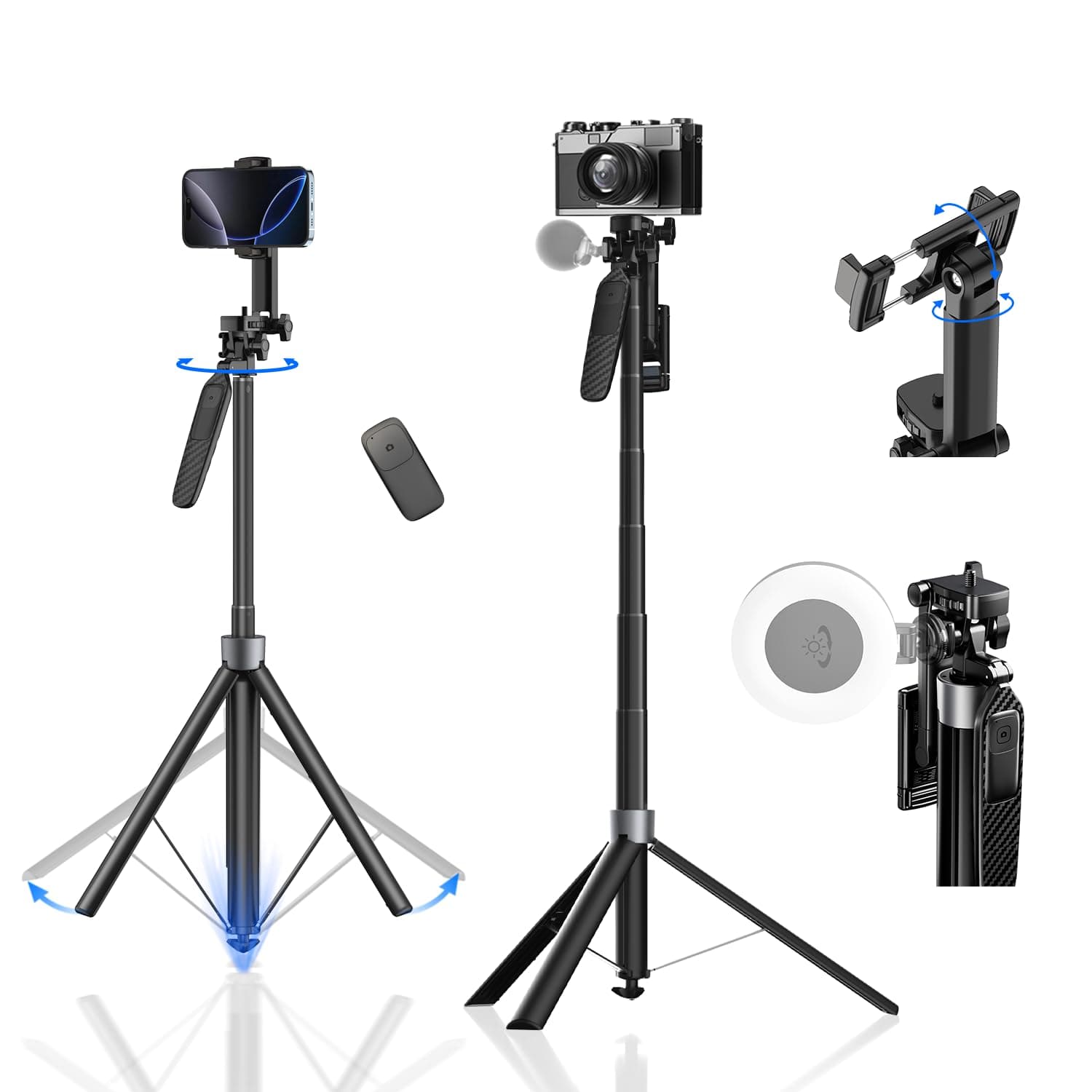 Celfiexpt 71" Automatic Selfie Stick Tripod with 360° Rotating Handle & 1/4" Screw for Camera & Flexible Holder Extra-Long Heavy Aluminium Stable Selfie Stand for Mobile Phone Vlogging Cooking (Black)