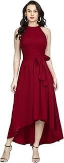 QUEEN ELLIE Women Fit & Flare High Low Midi Dress | Sleeveless Round Neck One Piece Dress with Waist Tie Detail | Flowy Western Dress for Party and Casual Styling