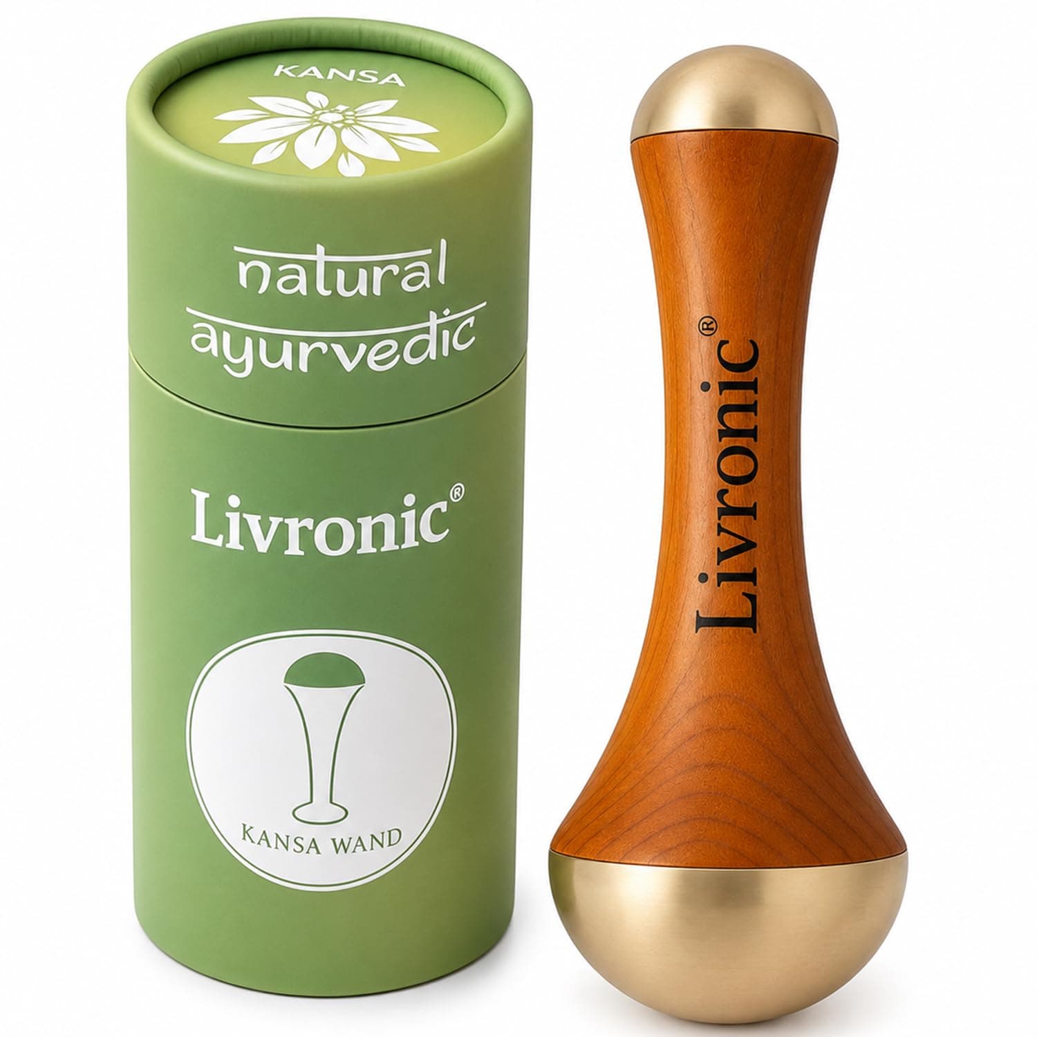 Livronic® Face Acupoint Kansa Wand 2-in-1 Natural | Bronze Face, Body & Foot Massager | Teak Wood Handle | Detoxification, De-Puffing & Deep Relaxation (Both Side Kansa Vatki)