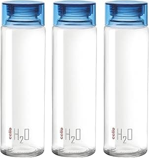 CELLO H2O Glass Water Bottle Set of 3 Pcs for Office & Daily Use 920 ml, Blue | Durable Freezable & Fridge Safe, Leakproof Wide Mouth Leadfree Toughened Glass Water Bottle For Kitchen & Travel