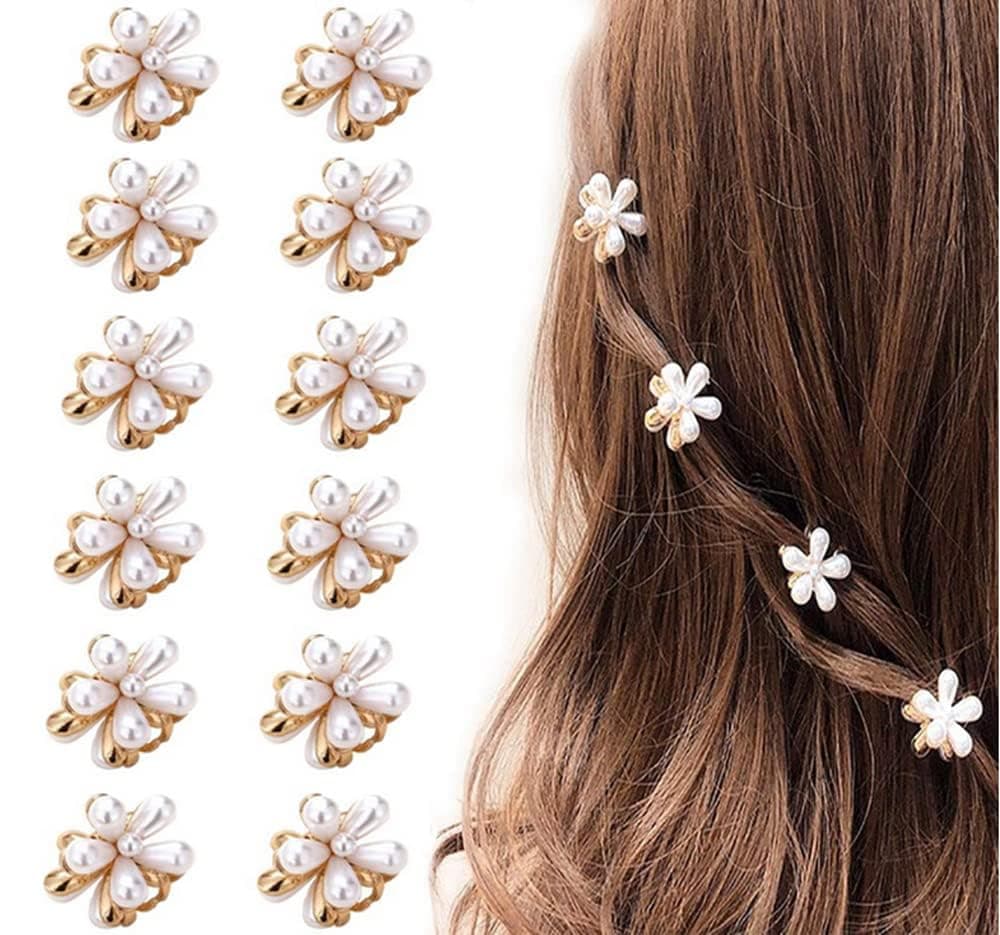 ANNACREATIONS 12 Pcs Korean Style Golden Metal Pearl Mini Hair Claw Clips – Hair Accessories & Jewelry for Women and Girls, Premium Strong Hold Small Hair Clutcher