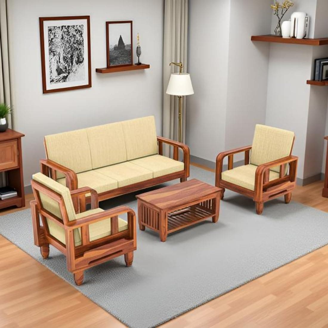 KENDALWOOD Solid Wood 5 Seater Wooden Sofa Set for Living Room | 3+1+1 Sofa Set with Center Table | Furniture for Home & Hotels | Color - Honey Finish with Cream Cushions - DIY(Do-It-Yourself)