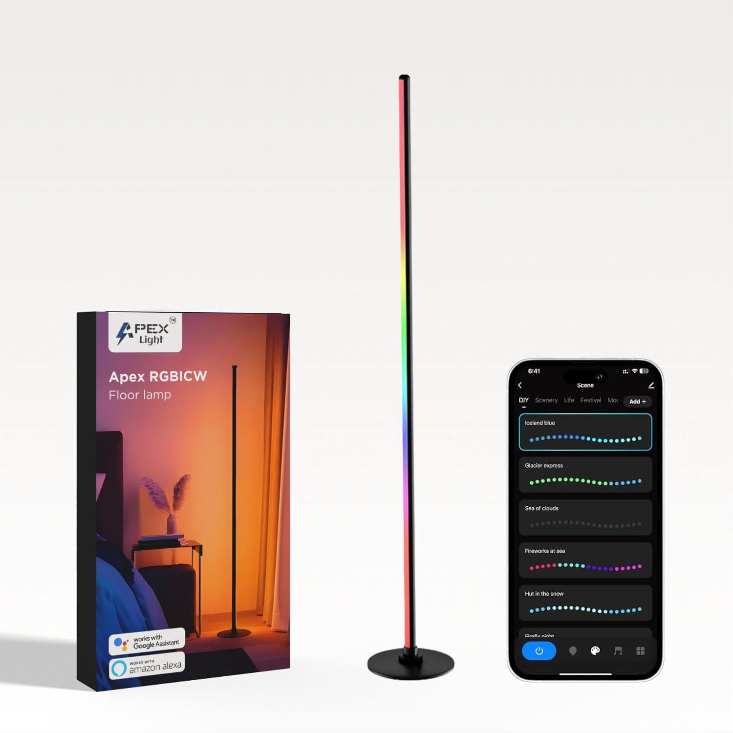 Apex RGBIC+W Smart Corner Floor Lamp, LED Color-Changing Lamp with Alexa & App Control, Music Sync, 16 Million Colors for Bedroom & Living Room (Black)