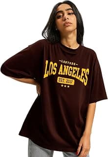 LEOTUDE Women's Oversized Cottonblend Half Sleeve Drop Shoulder Printed Tshirt (Color Brown)