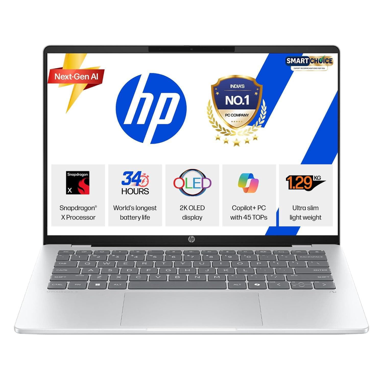 HP Smartchoice OmniBook 5 OLED (Previously Pavilion), Snapdragon X Processor 45 Tops (16GB LPDDR5x, 1 TB SSD), 2K 14''/35.6cm, Win11, Office24, Silver, 1.29kg, he0015QU, Multi-Day Battery, AI Laptop